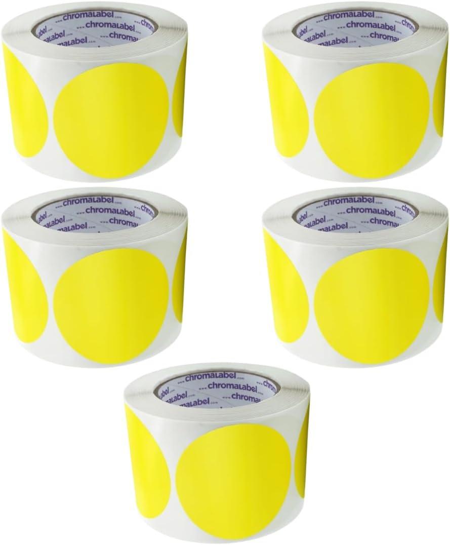 ChromaLabel 3 Inch Circle Sticker Labels, Easy to Write On Round Colored Stickers, Permanent Adhesive Labels, 500 Sticky Dots per Roll, Yellow Dot Stickers - Case of 5