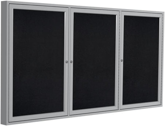 Ghent 48" x 96" 3-Door indoor Enclosed Recycled Rubber Bulletin Board, Shatter Resistant, with Lock, Satin Aluminum Frame,Black (PA34896TR-BK)-Made in USA
