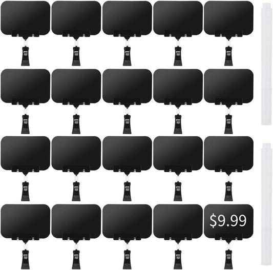 20 Pcs Price Display Signs, Adjustable Clip on Sign Holder with 20 Clips and 2 Pens, Rotataing Plastic Chalkboard Sign, Double Sided Mini Blackboard Clips for Store Business Office