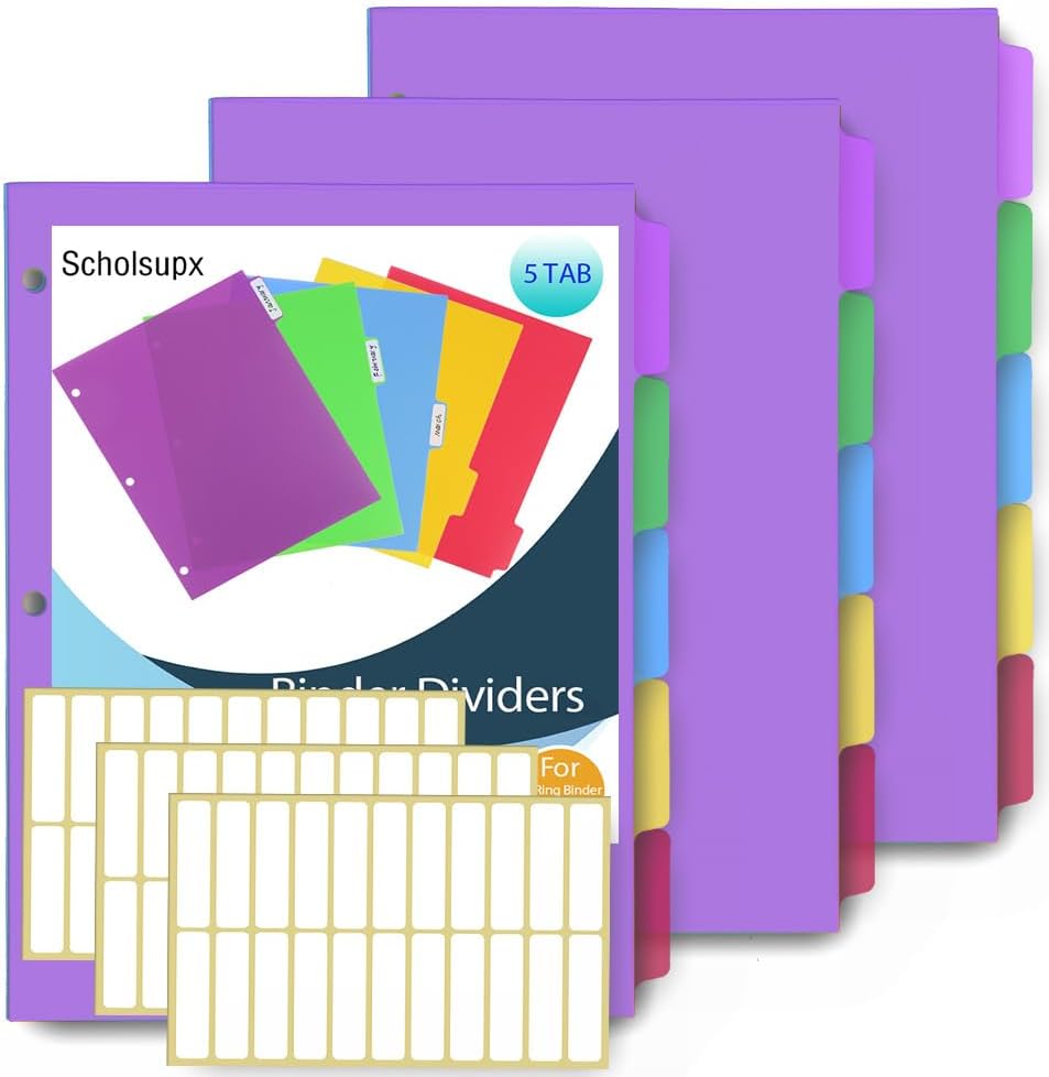 3 Set 5 Tab Binder Dividers, Plastic Binders Dividers with Tabs Colorful Big Tab Fit Standard 8.5 X 11 Sheets, Dividers for 3 Ring Binder