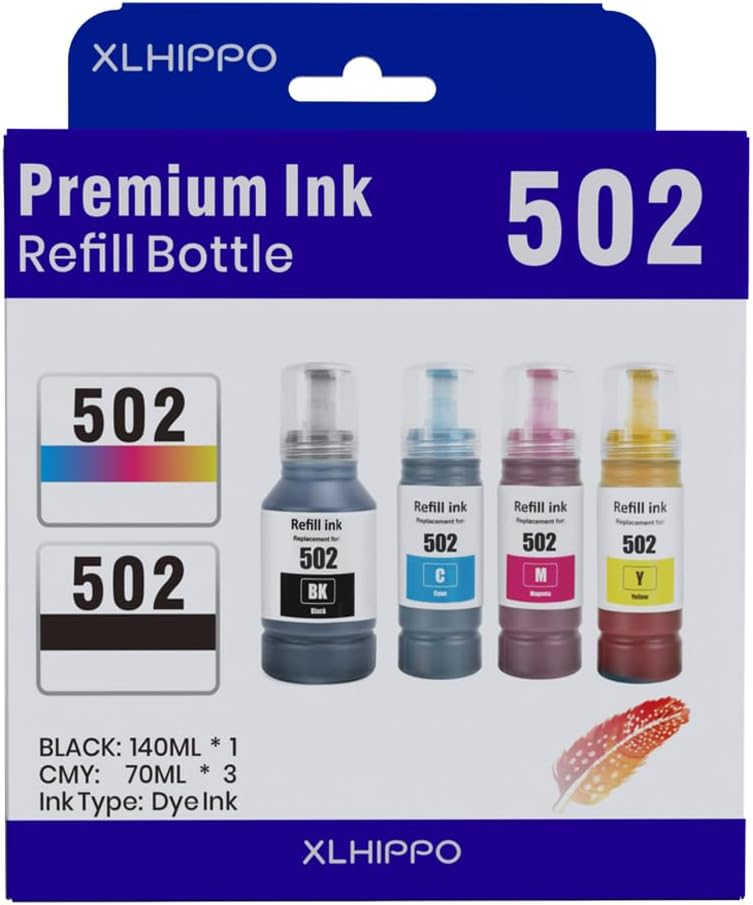 502 Ink Refill Bottle for ET-2850 ET-3850 ET-15000 ET-4850 502 Black Color Ink Compatible for Ecotank ET 2850 ET 3850 ET15000 ET-2760 ET-4760 ET 4850 ET-3830 ET-3843 2750 4750 Printer