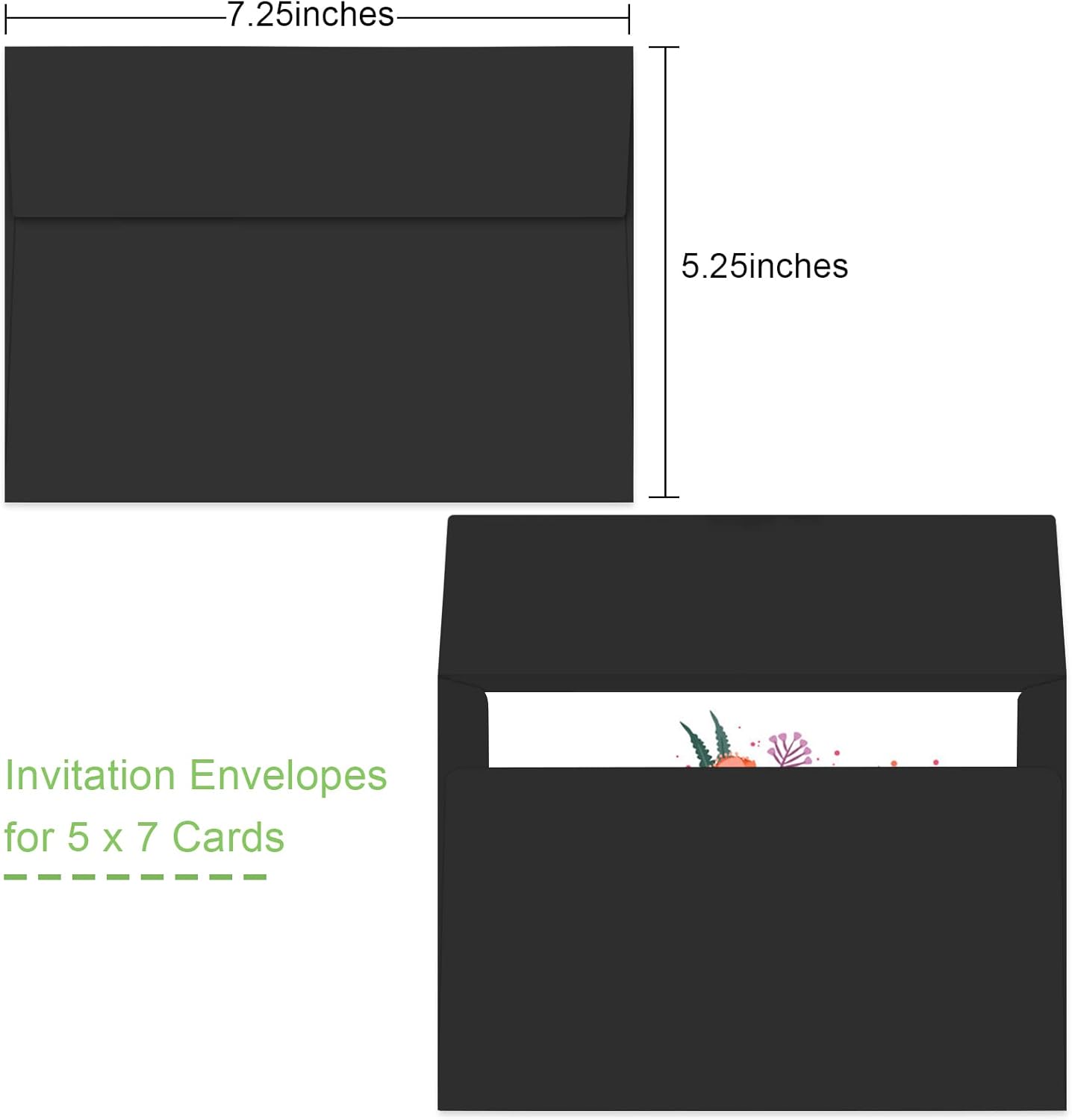50 Packs 5x7 A7 Envelopes for Invitations, Photos, Greeting Cards - Self Seal for Weddings, Mailing (Black)