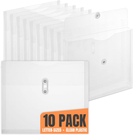 1InTheOffice Poly Envelopes Button & String Closure, Expanding Wallet, Letter Size, Clear, 10/Pack