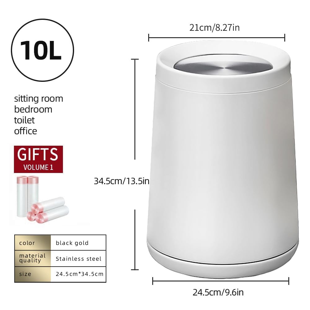 10 L/2.6Gallen,Swing Lid Trash Can,Metal Garbage Can with Flipping Lid,for Bathroom,Living Room,Bedroom,Hotel,Office, Laundry Room(White)