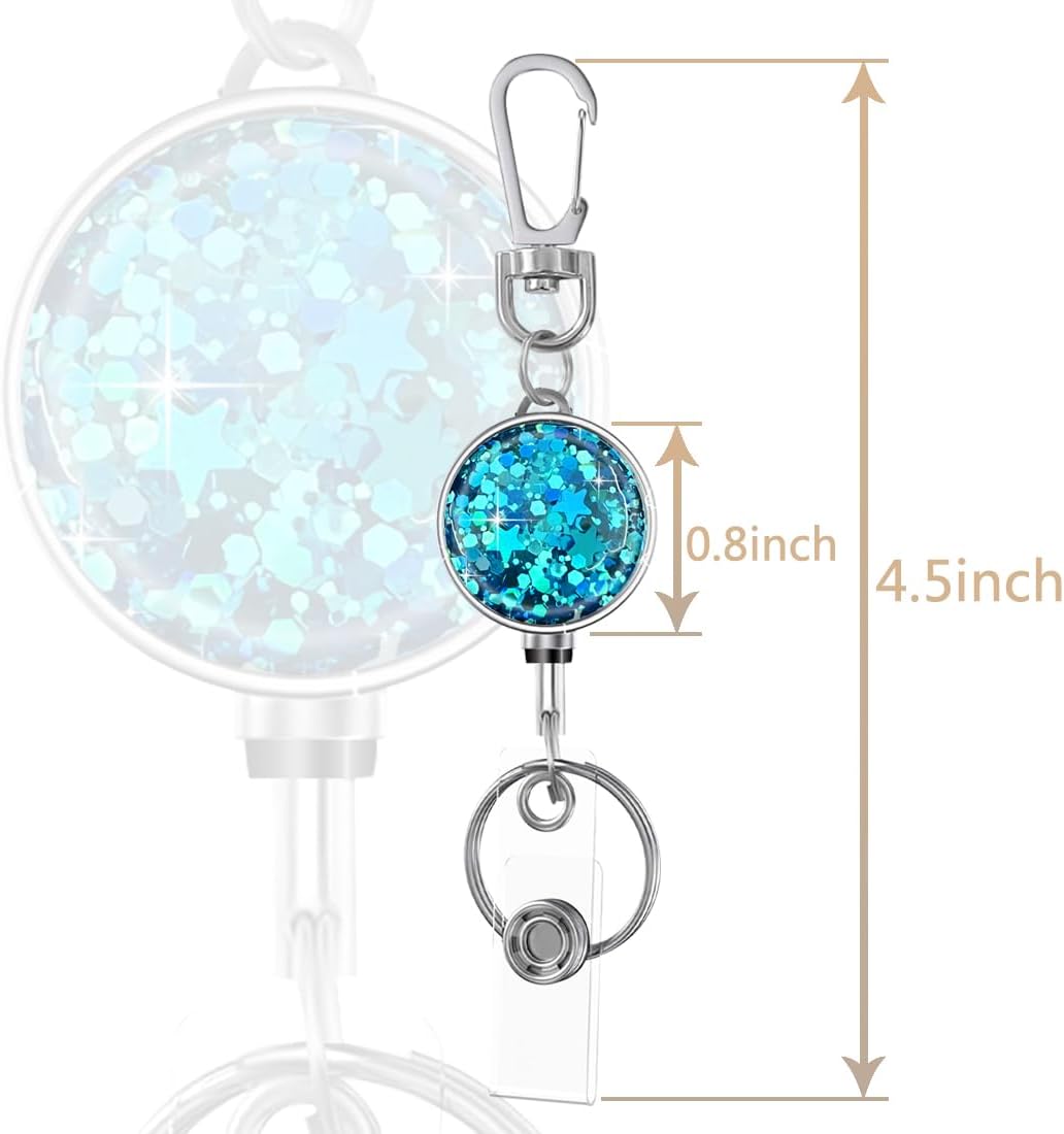 bolimoss 3 Pack Retractable Badge Reels with Key Ring and Carabiner Belt Clip, Glittery Metal Retractable Keychain for ID Cards Name Holder Nurse, Teacher, Students (Bling Blue, Silver, Purple)