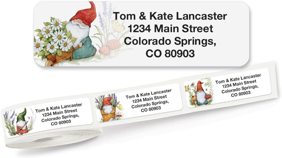 Colorful Images Forest Gnomes Rolled Personalized Return Address Mailing Labels with Dispenser, Customize with Name & Shipping Address, 250 ¾” x 2½” Self Adhesive, Easy Peel Label Roll