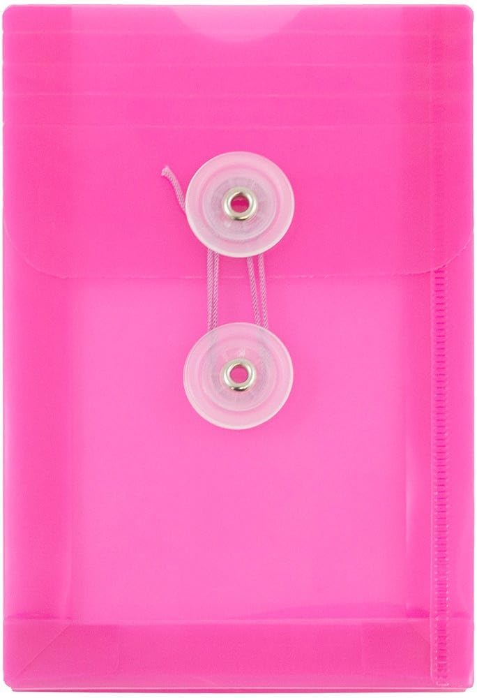 JAM PAPER Plastic Envelopes with Button & String Tie Closure - 4 1/4 x 6 1/4 - Fuchsia Pink - 3/Pack