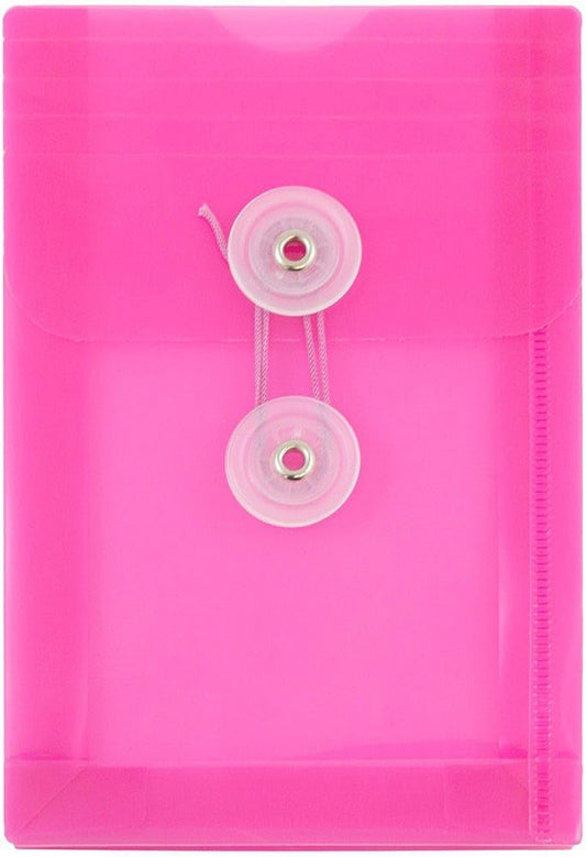 JAM PAPER Plastic Envelopes with Button & String Tie Closure - 4 1/4 x 6 1/4 - Fuchsia Pink - 3/Pack
