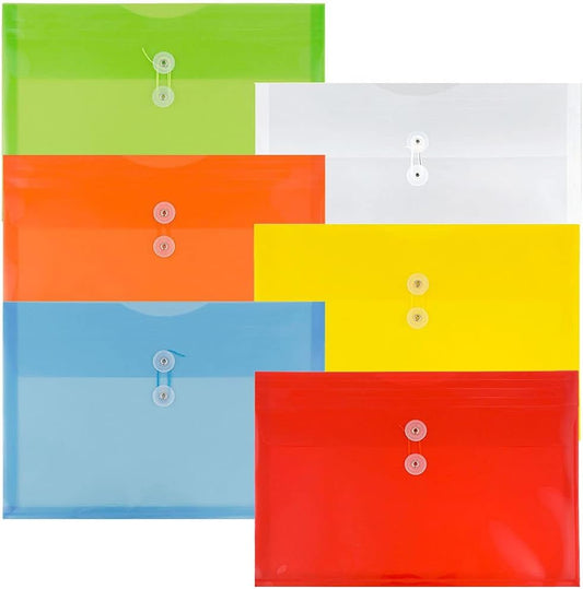 JAM Paper Plastic Envelope with Button and String Tie Closure - Legal Booklet - 9 3/4" x 14 1/2" x 1 1/4"- Assorted Primary Colors - 6/pack