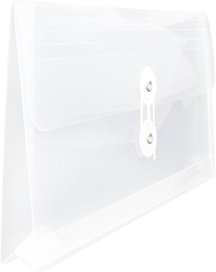 JAM PAPER Plastic Envelopes with Button & String Tie Closure - #10 Business Booklet - 5 1/4 x 10 - Clear - 12/Pack