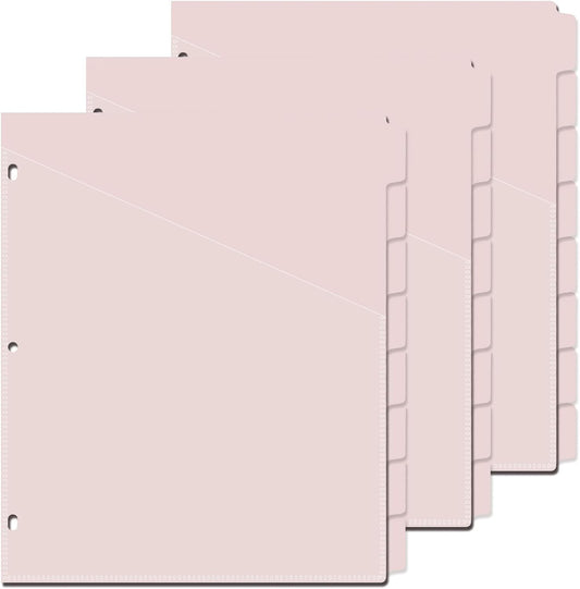 8 Tab Dividers for 3 Ring Binder with Pockets, Plastic Dividers with Clear Front Pocket, 8-tab Index Dividers with 3 Holes Punched for School & Office Supplies (Pink, 8 Tabs, 3 Sets)