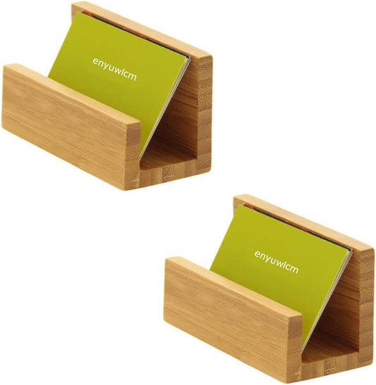 enyuwlcm 2 Pack Bamboo Wood Desktop Business Card Holder Display for Desk Sturdy Business Card Stand for Office Tabletop Counter Organizer
