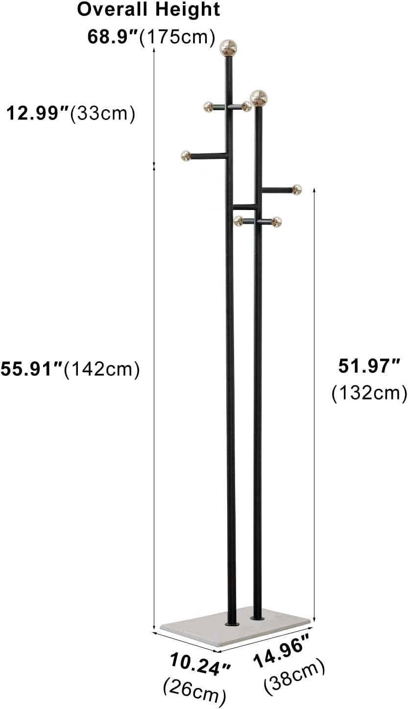 Coat Rack Freestanding with Marble Base Sturdy Coat Tree Heavy Duty Clothes Rack for Entryway Bedroom Living Room Hotel 14.96 x 10.24 x 68.9 Inches (Black)