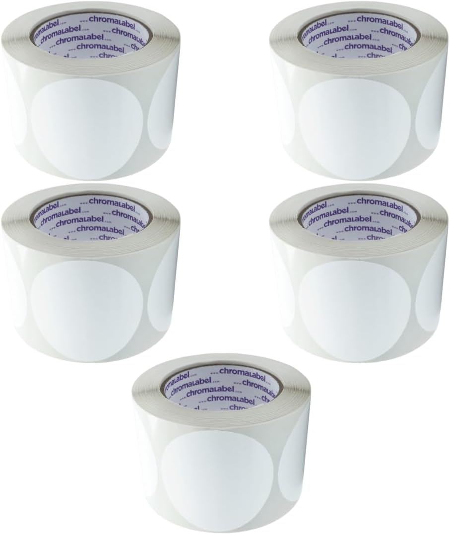 ChromaLabel 3 Inch Circle Sticker Labels, Blank Stickers to Write On, High Visibility Round White Stickers for Labeling and Organization, 500 Sticky Dots per Roll, White - Case of 5