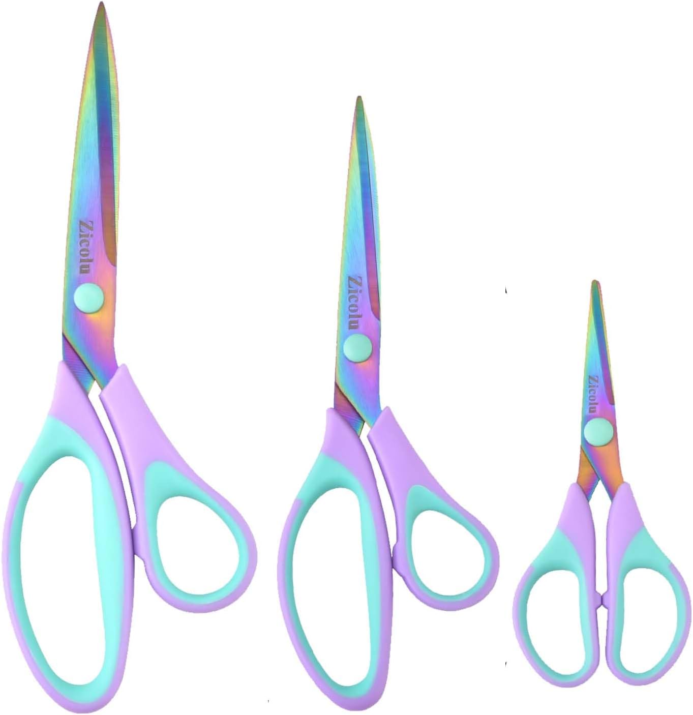 Craft Scissors Set of 3 pack, Sharp Rainbow Titanium Coating All Purpose Scissors, Ergonomic Semi-Soft Rubber Grip, Suitable for School, Office and Household Use, 9.2''/8.5''/5.6"