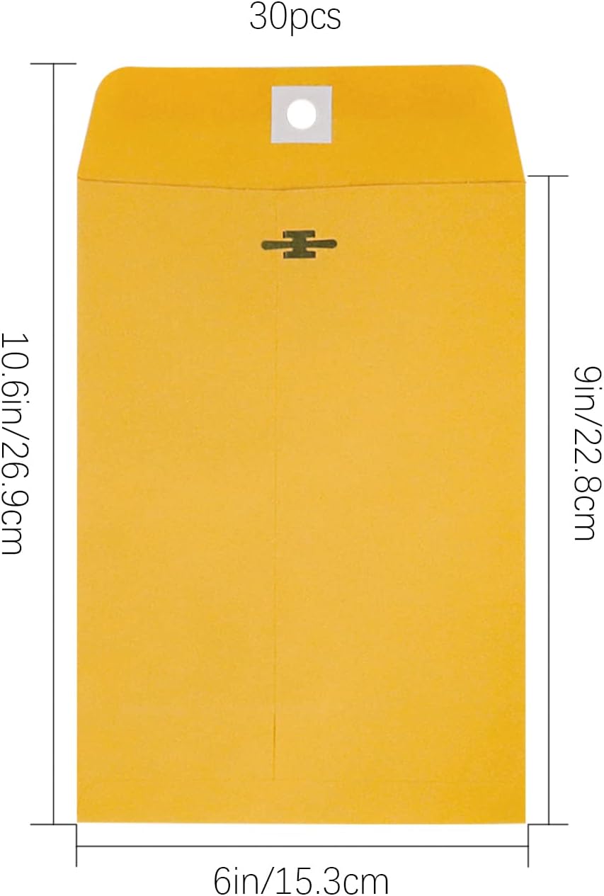 6” x 9” Clasp Envelopes with Gummed Seal Brown Kraft Catalog Envelopes Clasp Mailing Envelopes for Home, Office, Business 28 lb Kraft Paper,Pack of 30