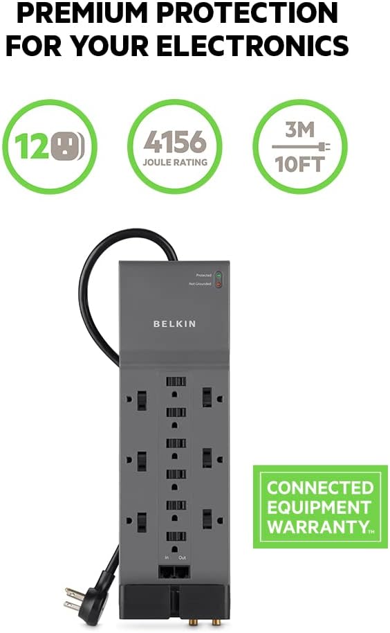Belkin Power Strip Surge Protector with 12 AC Multiple Outlets, 10 ft Long Flat Plug Heavy Duty Extension Cord for Home, Office, Travel, Computer Desktop, Laptop & Phone Charging Bricks (4,156 Joules)