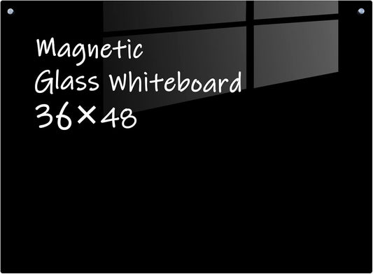 Glass Magnetic Black Board - 48 x36 Inches Frameless Dry Erase Blackboard for Wall, Wall Mounted Glass Board, Writing Board for Office, Meetings and Schools