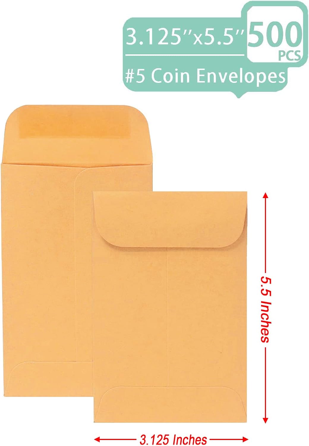 500 PCS #5 Coin Envelopes, 3.125 x 5.5 inches Brown Kraft Envelopes Classic Small Parts Envelopes with Self Adhesive Gummed Flap for Coins, Cash, Credit Cards, Seeds