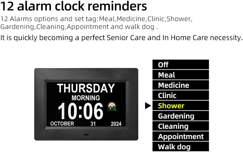 Digital Alarm Clock, Multiple Alarm Clocks Functions,digaital Wall Clock for Seniors, Dementia Clock That Provides Digital Alarms and Electronic Calendar for Seniors. (Black, 7 inches)