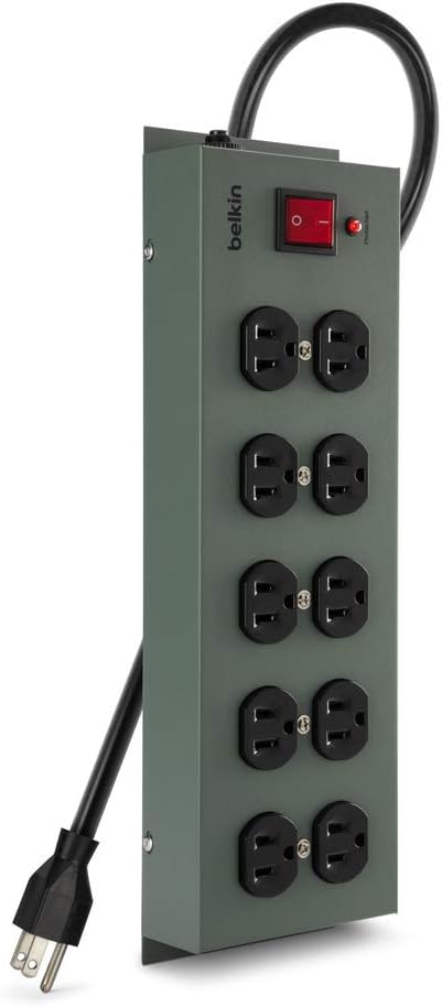 Belkin Power Strip Surge Protector - 10 AC Outlets, 15ft Heavy Duty Metal Extension Cord with Wall Mount Holes for Home, Office, Travel, Computer Desktop, Laptop & Phone Charging Brick