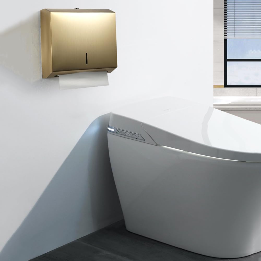 Comercial Paper Towel Dispenser Wall Mount, Brushed Gold Stainless Steel Hand Towel Dispenser with Lock, Large Capacity Trifold/C Fold Paper Towel Holder for Bathroom Kitchen Office Public Places