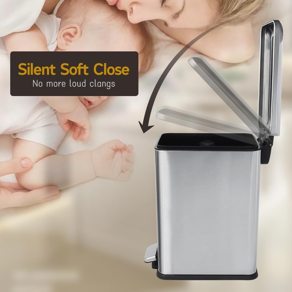 Bathroom Trash Can, 10 Liter / 2.6 Gallon Stainless Steel Garbage Can with Removable Inner Bucket, Soft Close Lid Step Trash Bin for Bedroom, Office, Kitchen, Brushed Silver