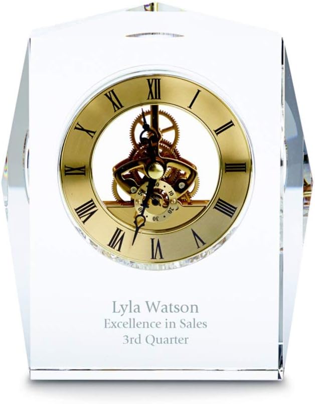 Baudville Engraved Clock Trophy - Executive Crystal - Rectangular Shaped on a Rectangular Base - Silver Inset Time Piece (Gold)
