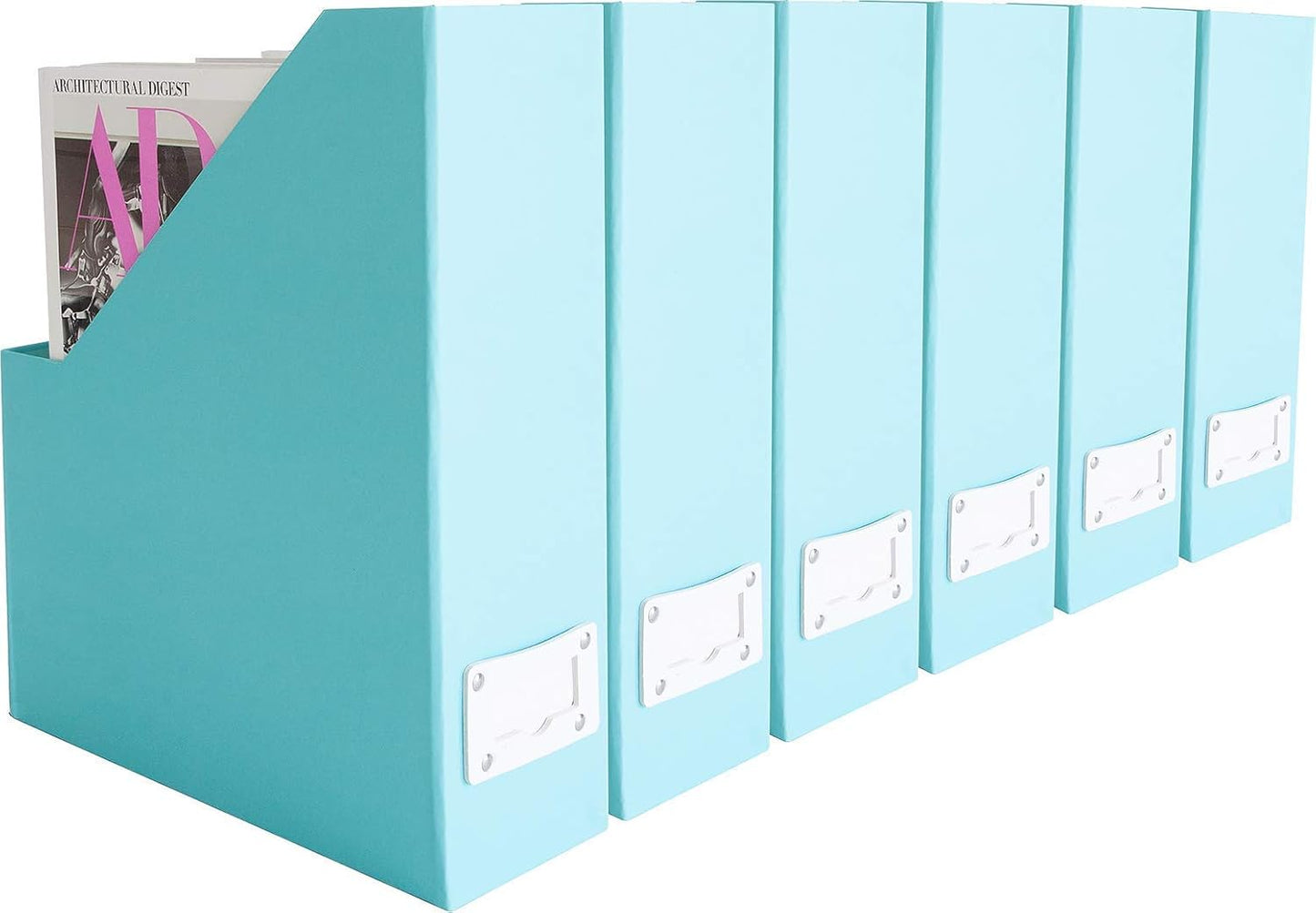 BLU MONACO Set of 6 Foldable Aqua Magazine File Holders with White Leather Label Holders – Cute Book Organizers for Desk, Classroom, Shelves, and Home Office