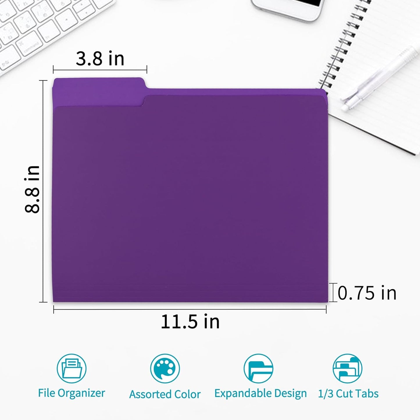 100 Packs Colored File Folders,Purple File Folders Letter Size,1/3 Cut Tabs File Folder,Two-Tone File Folder,Manila File Folders for Office,School and Home,Organization