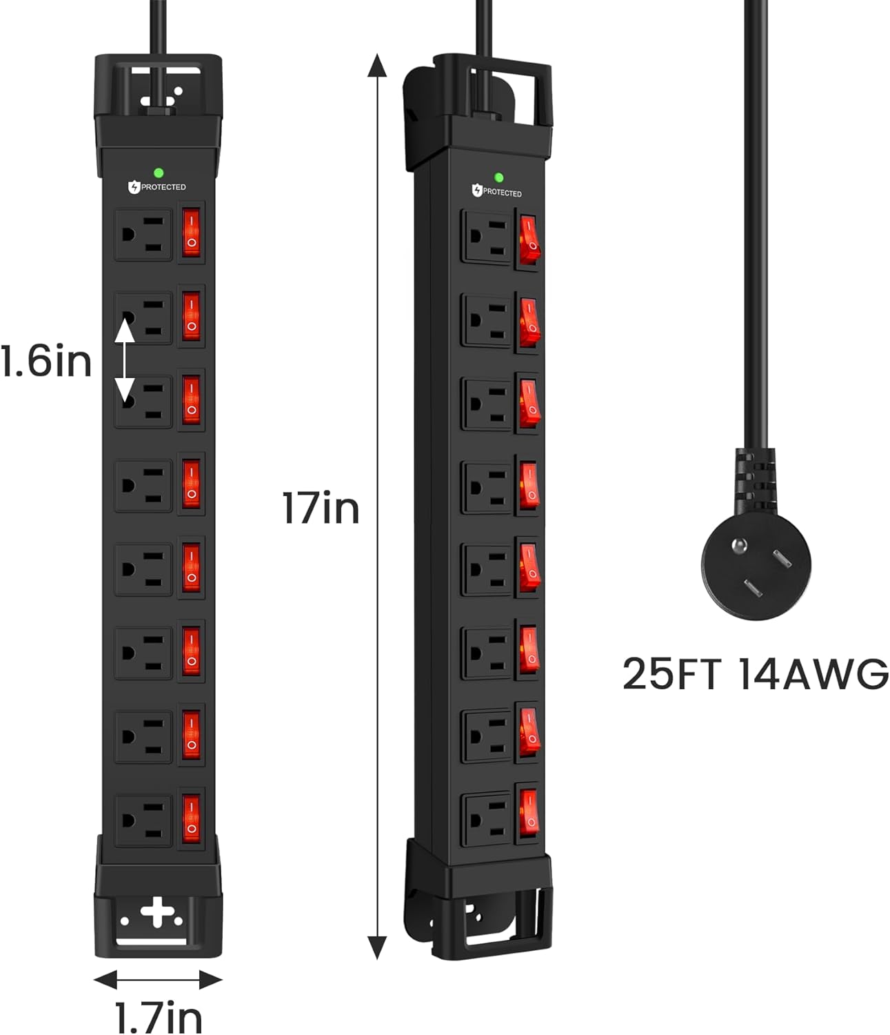 Heavy Duty Power Strip with Individual Switches,8 Outlets 14 Gauge Industrial Shop Garage Metal Multiple Outlets,1200J Surge Protector Mountable Power Strip (Black, 25 FT)