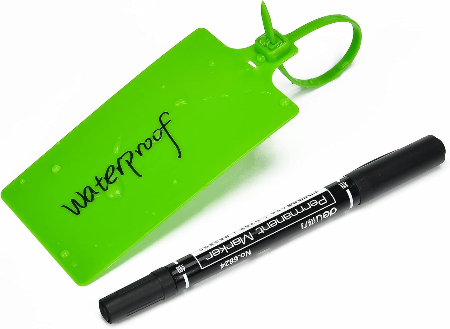 50 Green Plastic Writable Shipping Tags - Large, Waterproof, Hanging Label Ties with One Permanent Marker Pen