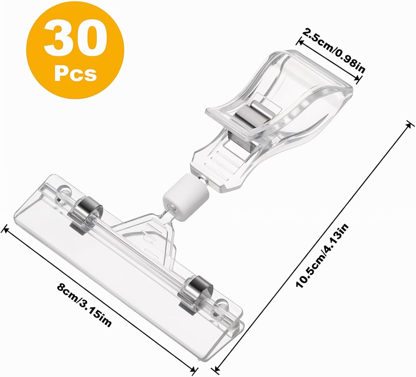 30Pcs Clear Sign Holder Clips for Retail Display, Plastic Price Sign Clamps Label Tag Acrylic Clips, Merchandising Rotatable Pop Clip for Retail Rack, Baskets or Cards