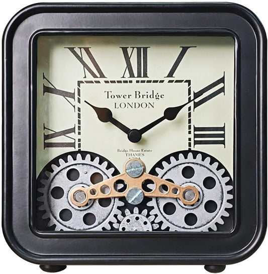Desk Clock Vintage Metal Table Clocks with Moving Gears, Silent Retro Industrial Steampunk Quartz Small 6 inch End Table Clock for Home Office Living Room Decor Battery Operated (Black)