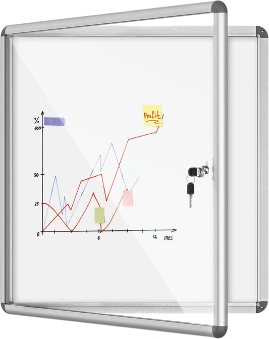 28"x26" Enclosed Bulletin Board, Lockable Weather-Resistant Aluminum Noticeboard for School & Office, Silver Frame w/Magentic Whiteboard