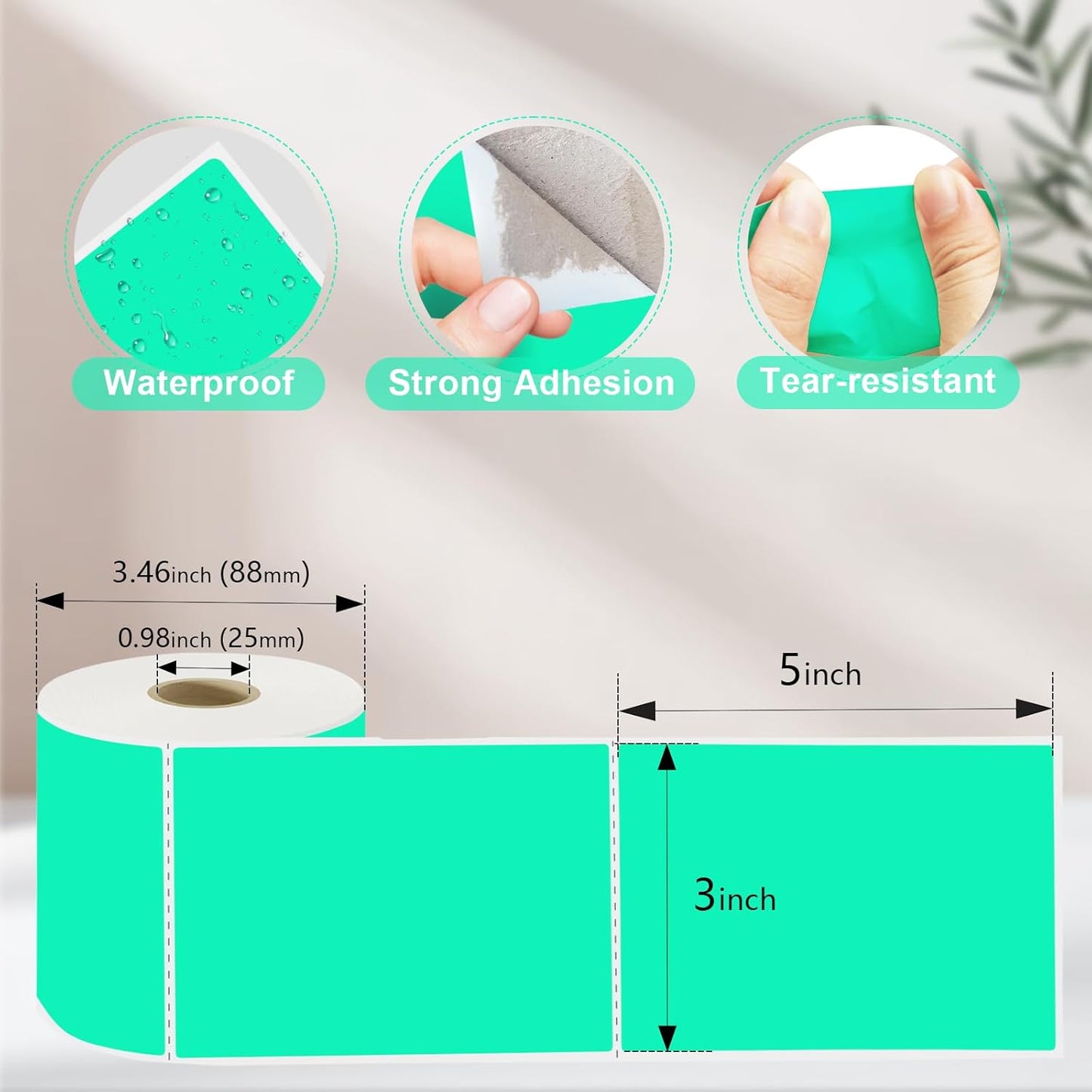 3 X 5 Inch Printable Waterproof Rectangle Color Coding Labels, 300 Per Roll Adhesive Color Coding Stickers for Bar-Codes, Address, Small Business Labeling, Inventory (Light Green)