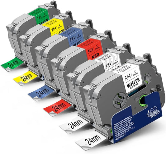 6-Pack 24mm 0.94" Laminated Tape Compatible for Brother 24mm Label Tape Tze-151 251 451 551 651 751 P Touch Tze Tz 1 Inch Multi-Color Label for PTD610BT PTD600 PTP710BT PTP750W PTP910BT