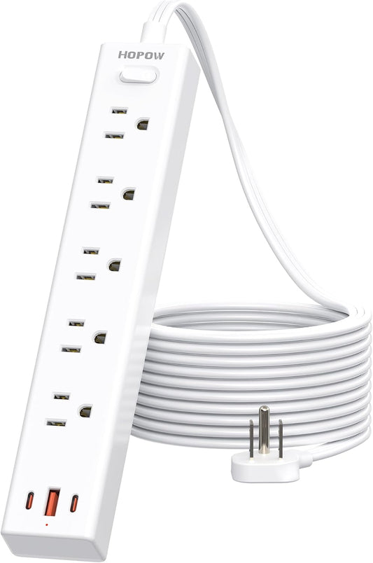 Flat Plug Power Strip, 10 Ft Ultra Thin Flat Extension Cord, Surge Protector with 5 Outlets & 3 USB Ports (2 USB C), 1700 Joules, Wall Mount, Desktop Charging Station for Home Office Dorm, White