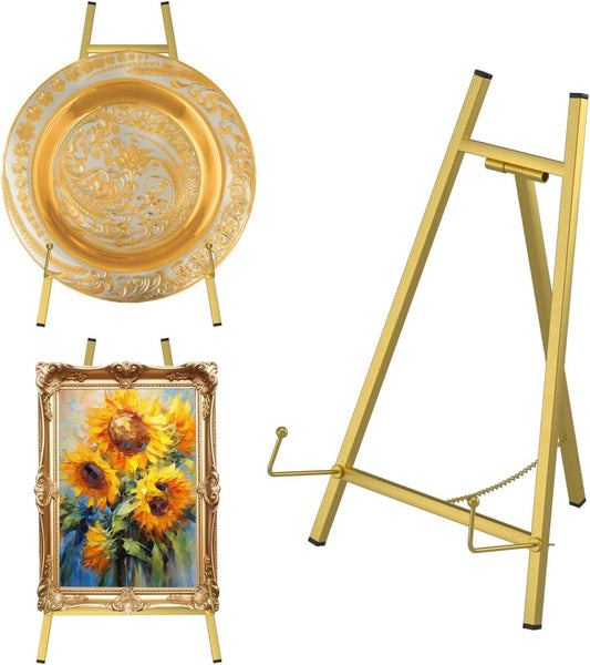 16" Large Metal Table Top Easel Gold Tabletop Easel Picture Stand Mirror Table Top Easels for Display Photo Frame Heavy Duty Plate Art Display Stand for Sign Tabletop Wedding Frame Stands with Tray