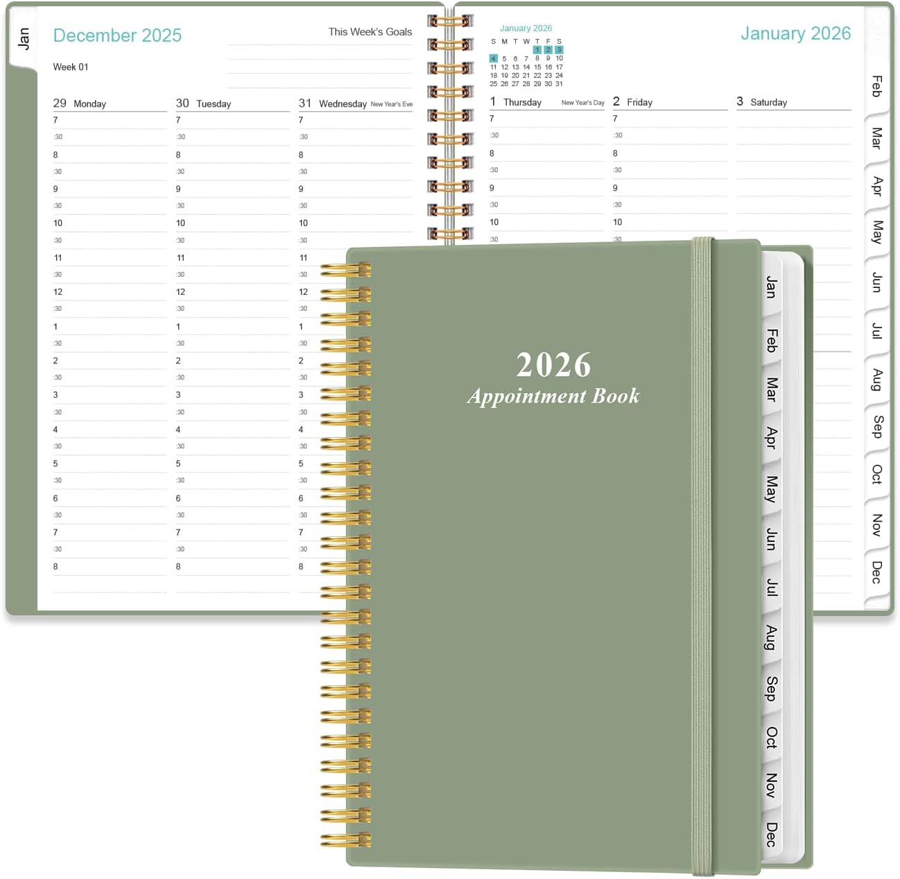 2026 Appointment Book & Planner - Hourly Planner from January 2026 - December 2026, Weekly Appointment Book 2026 with 30-Minute Interval, 6.4" x 8.5", Green
