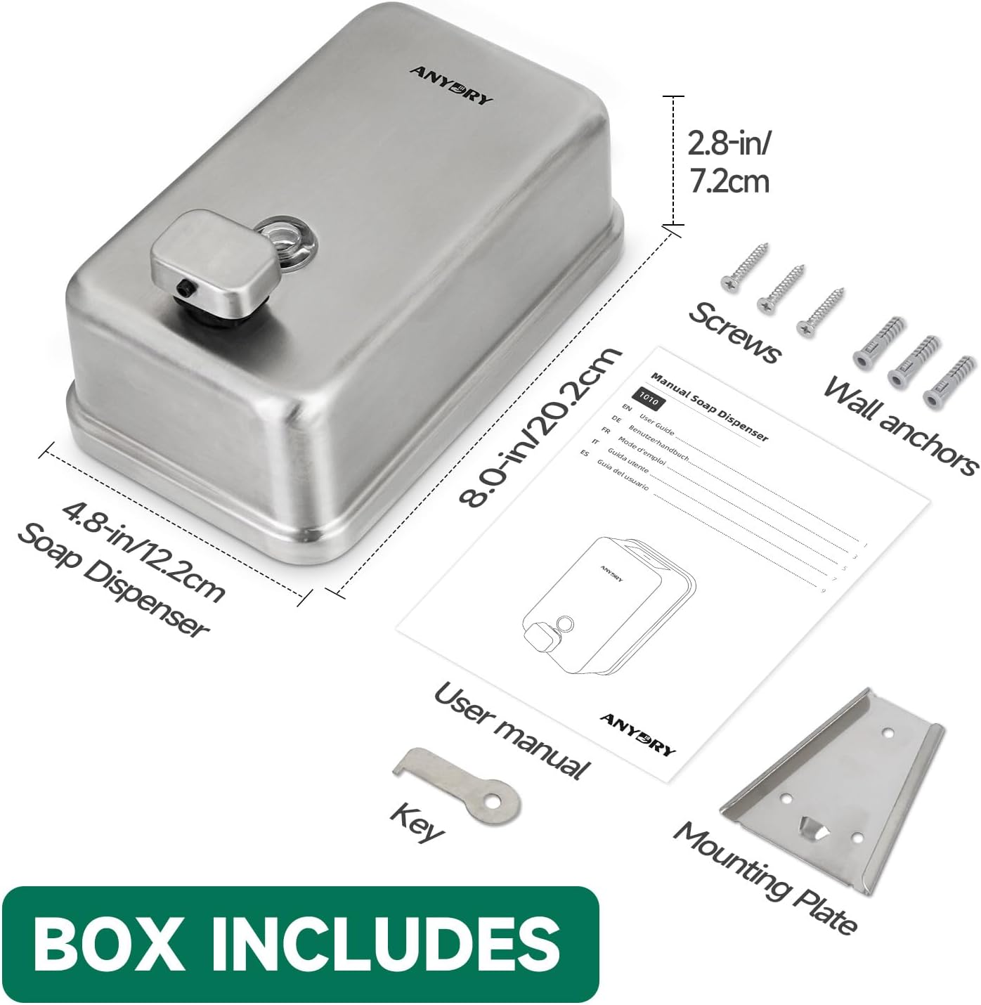 Commercial Wall Mounted Soap Dispenser 37oz 1100ml Large Capacity Brushed Stainless Steel Manual Dispenser for High Traffic Restrooms