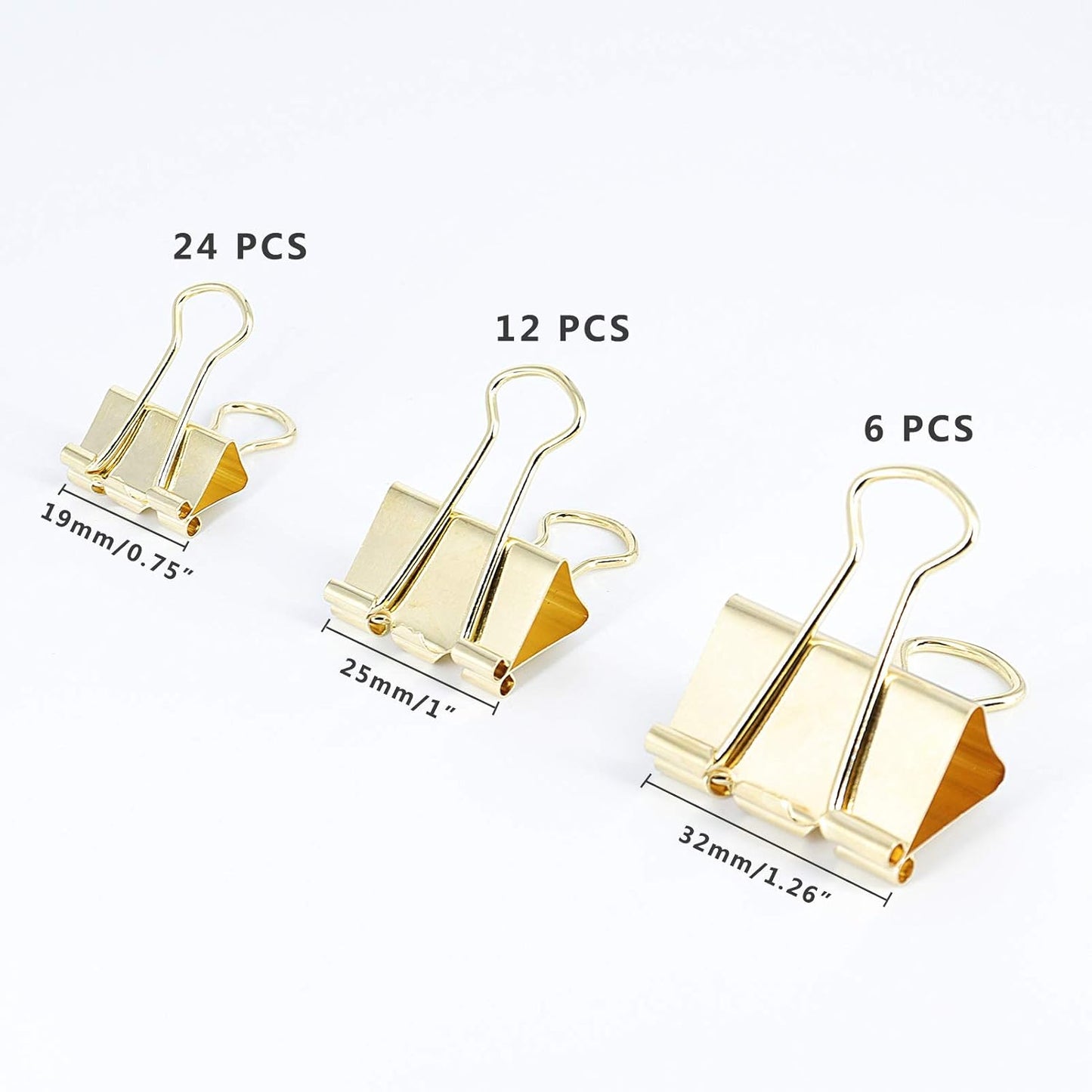 Gold Binder Clips Paper Clamps, Assorted Sizes Set (Small, Medium, Large) for Office School and Home Supplies