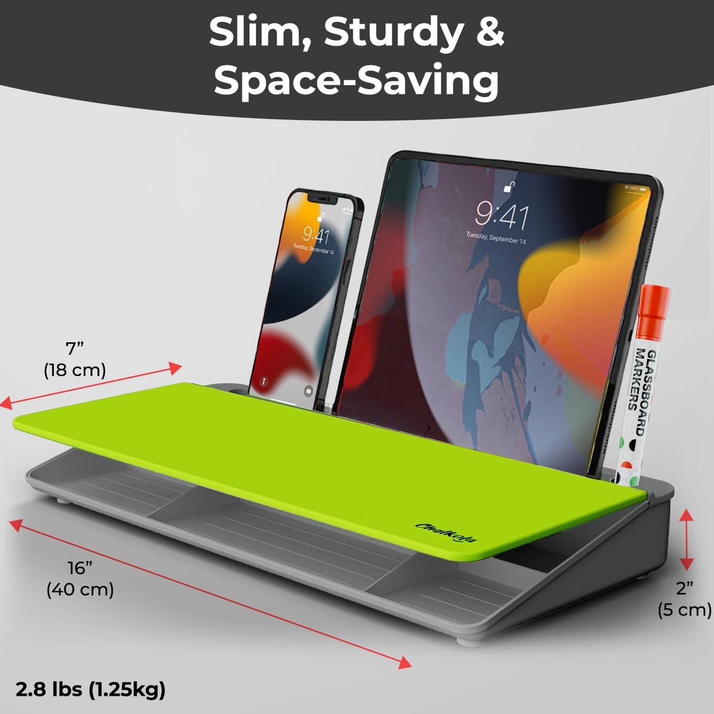Chalkola Neon Green Glass Desktop Whiteboard with Storage - Dry Erase Board, Work Desk Organizers, Computer Keyboard Stand, Home Office Desk Accessories, Workspace Desktop Buddy + 3 Markers
