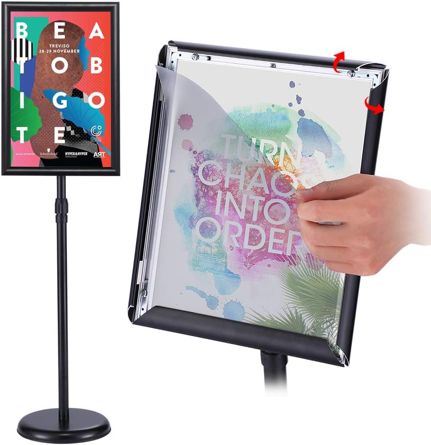 11x17 Inch Pedestal Standing Sign Holder Stand Poster Stand , Black Adjustable Floor Standing Sign Holder with Aluminum Snap Open Frame for Vertical/Horizontal Sign Display