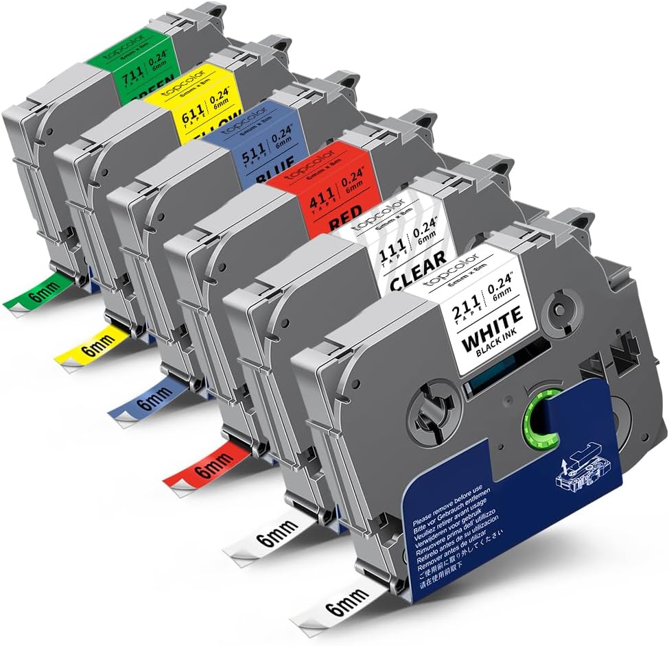 6-Pack 6mm 0.23" Laminated Tape Compatible for Brother P Touch Label Tape 6mm Tze211 Tze111 Tze411 Tze511 Tze611 Tze711 1/4" Tze Tz 0.23" Label for PTD220 PTH100 PTH110 PTD202 PTD210