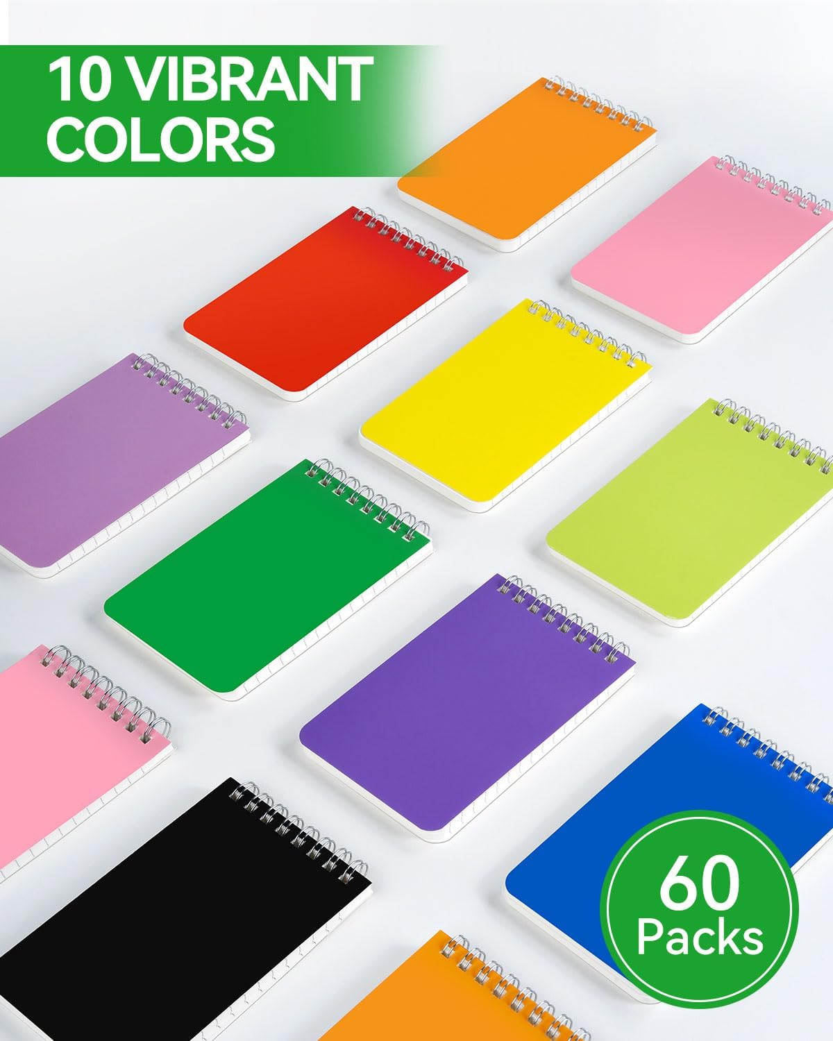 Dynta Pocket Notebook Bulk 60 Packs, 3x5 Inch Small Notepad Top Bound With Lined Pages, 10 Vibrant Colored Mini Spiral Notebooks 60Sheets/120Pages (80GSM), Memo Pads for Home, School, College, Office