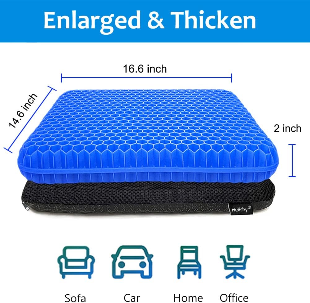Gel Seat Cushion, Extra Large Breathable Honeycomb Gel Cushion, Absorbs Pressure Points Seat Cushion with Non-Slip Cover for Office Chair Home Cars Wheelchair (Extra Thick, Blue)