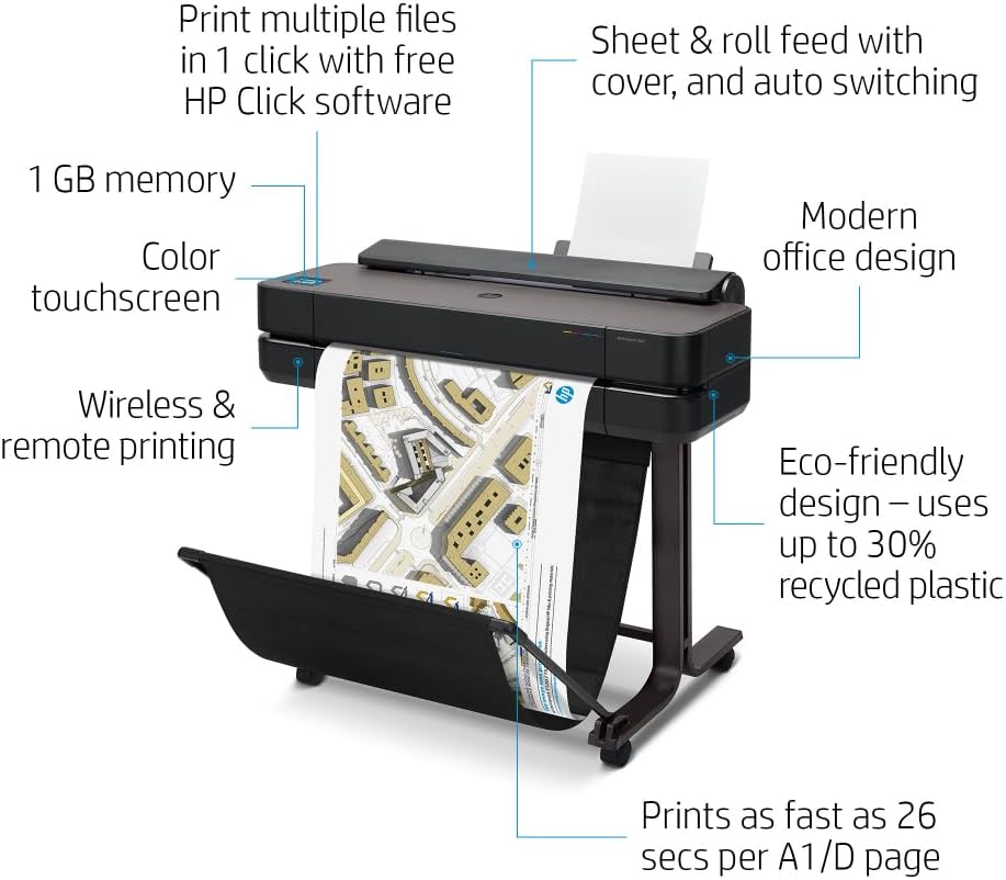 HP DesignJet T650 Large Format 36-inch Plotter Printer, Includes 2-Year Onsite Warranty Support (5HB10T) - New Model