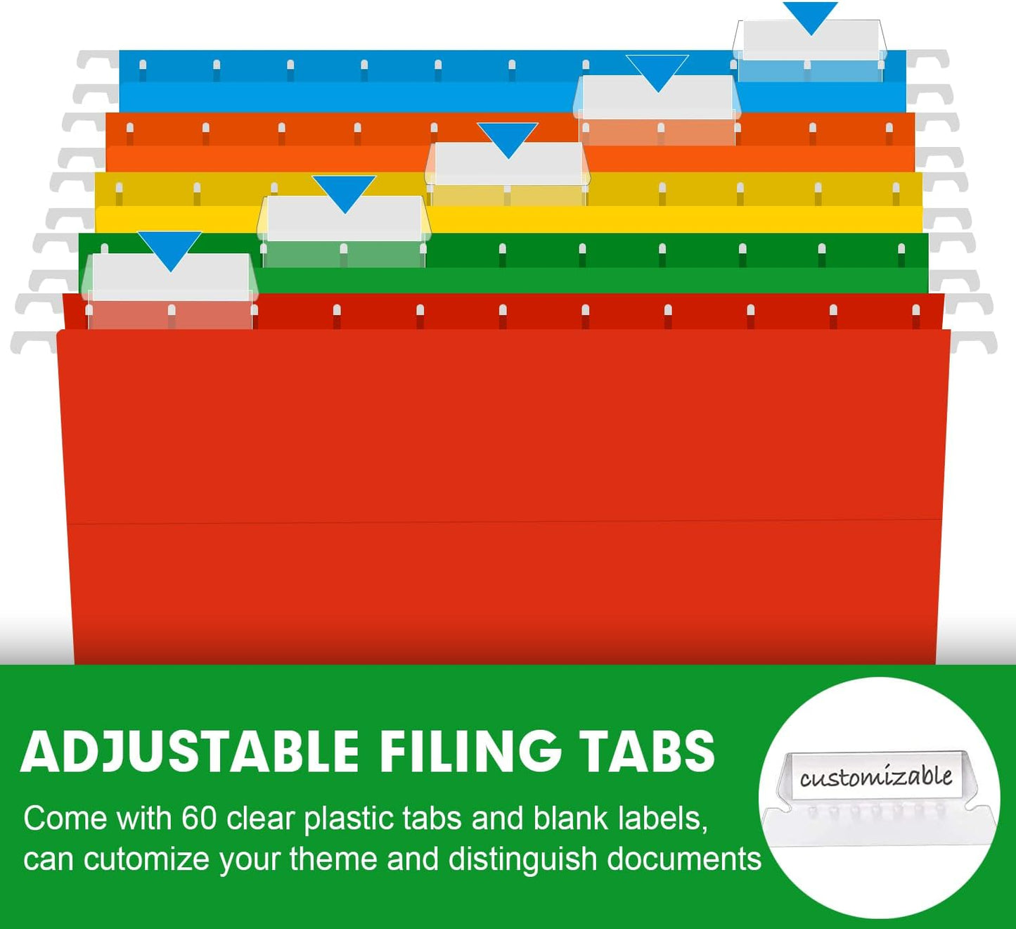 Extra Capacity Hanging File Folders, RAZCC 60 Pack Letter Size Reinforced Hanging Folders with Heavy Duty 1 Inch Expansion for Bulky Files, Filing Cabinet, Adjustable Tabs, Assorted Colors