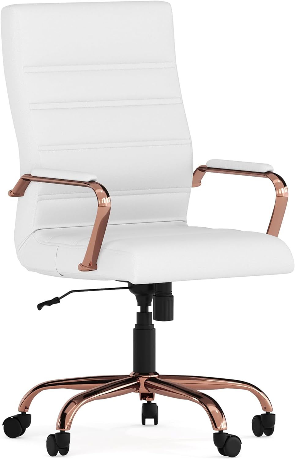 Flash Furniture Whitney High-Back Swivel LeatherSoft Desk Chair with Padded Seat and Armrests, Adjustable Height Padded LeatherSoft Office Chair, White/Rose Gold